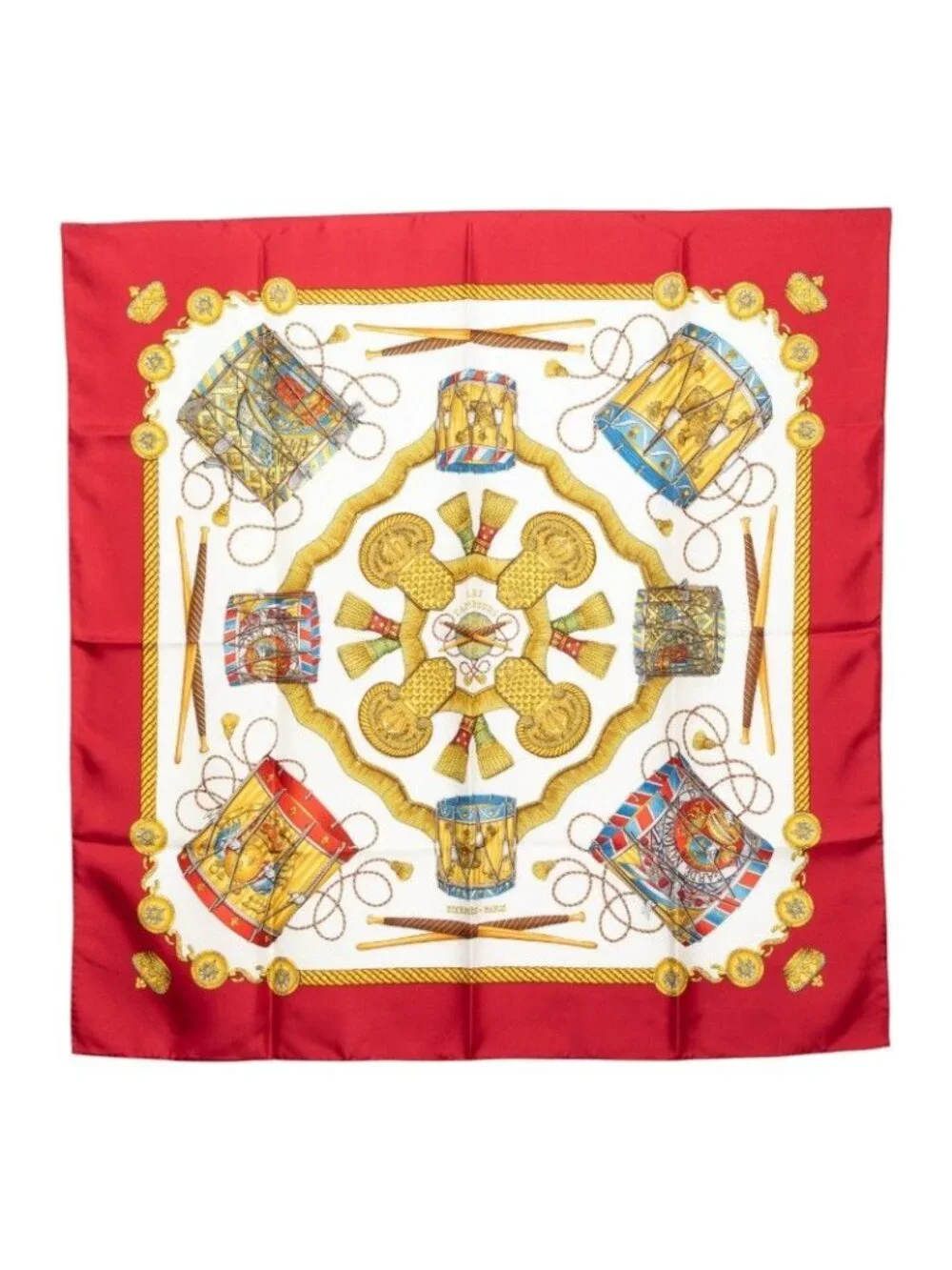 Hermes Carre 90 les Tambours Taiko Scarf Red Multicolor Silk